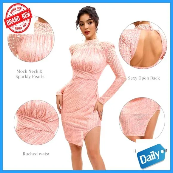 Long Sleeve Sequin Mock Neck Backless Bodycon Prom Cocktail Party Dress - Picture 5 of 6